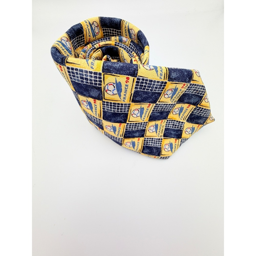 Vintage Tie Rack France 98 FIFA World Cup Silk Tie Navy Yellow Soccer Logo